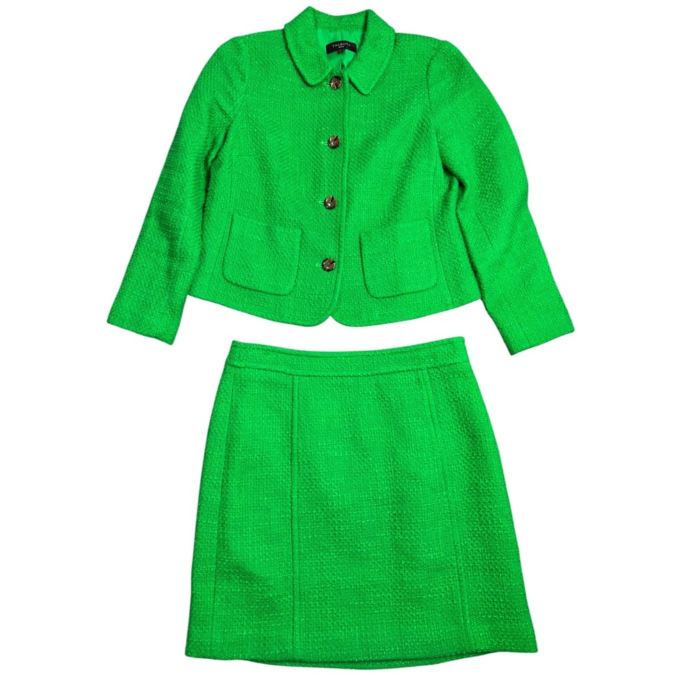 Talbots Tweed Jacket and Skirt Suit Set Womens 6P Green Petite Blazer NWT